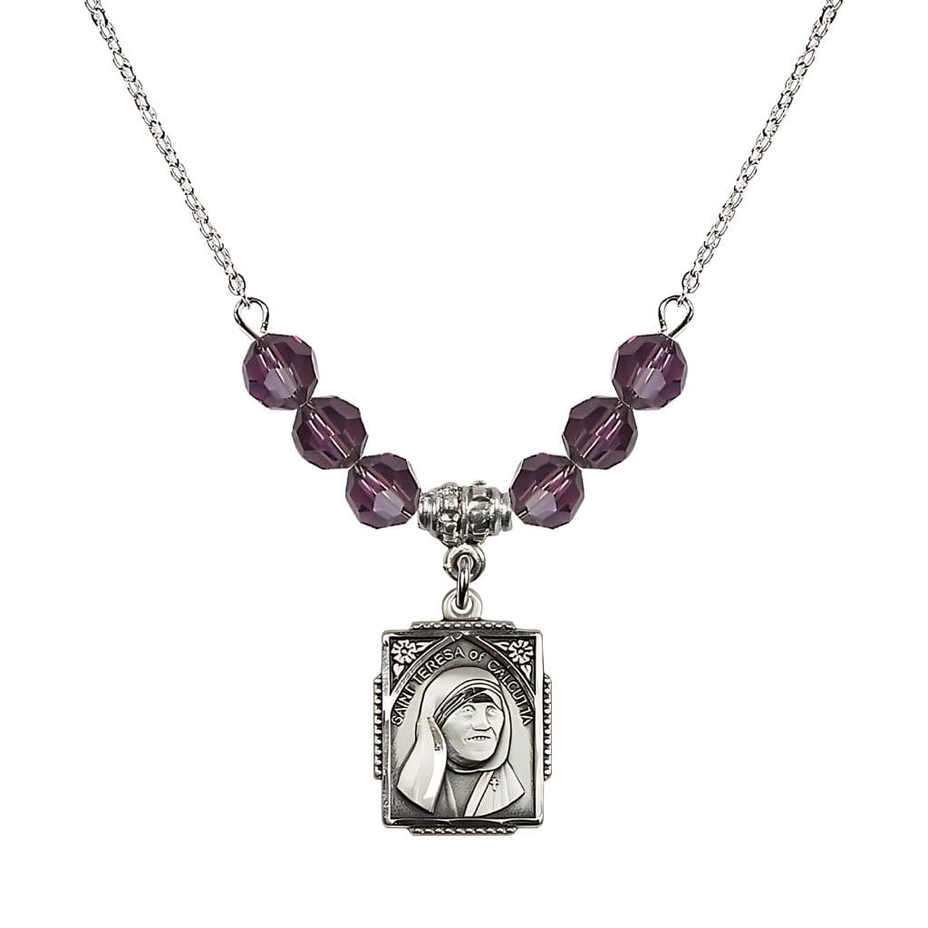 Bliss St. Teresa of Calcutta Square Sterling Silver Amethyst Crystal Birthstone Necklace,