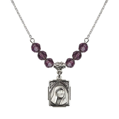St. Teresa of Calcutta Square Sterling Silver Amethyst Crystal Birthstone Necklace, Bliss Manufacturing
