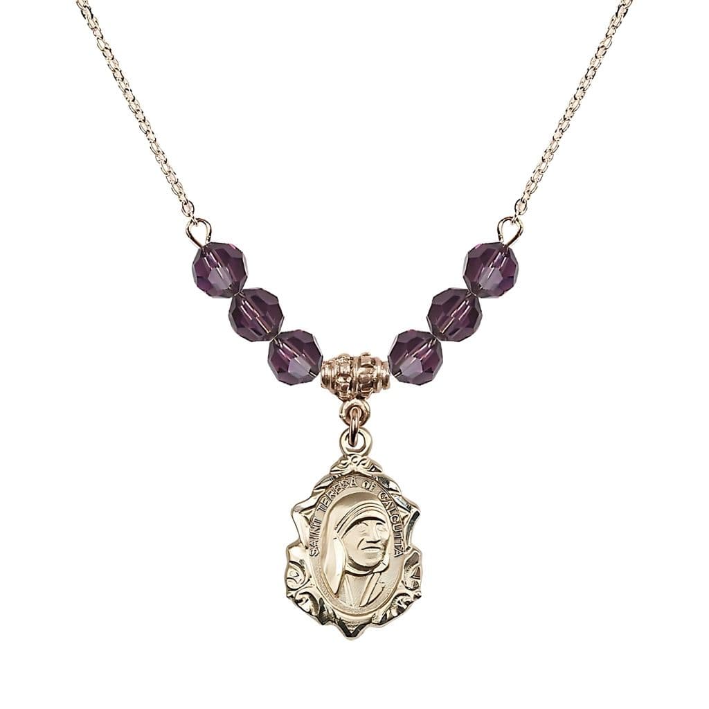 Bliss St. Teresa of Calcutta 14kt Gold-filled Crystal Birthstone Necklace with 6mm Amethyst Crystal Beads