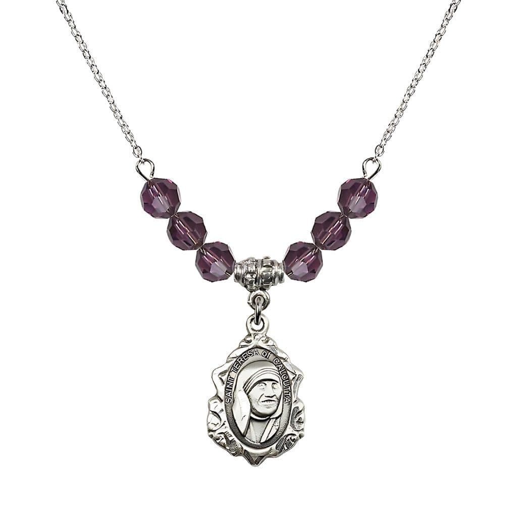 Bliss St. Teresa of Calcutta Sterling Silver Crystal Birthstone Necklace with 6mm Amethyst Crystal Beads