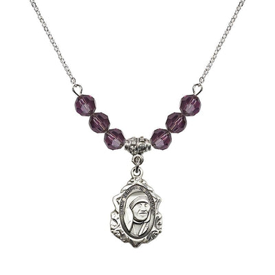 St. Teresa of Calcutta Sterling Silver Crystal Birthstone Necklace with 6mm Amethyst Crystal Beads, Bliss Manufacturing