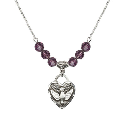 Dove Confirmation Heart Medal with 6mm Amethyst Crystal Bead Necklace, 3/4 inch tall by 5/8 inch wide, Bliss Manufacturing