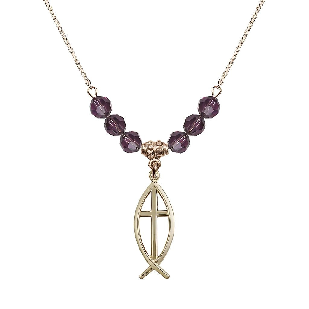 Bliss Fish Cross Crystal Amethyst Birthstone Necklace with 18" Chain, Medal 1",