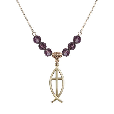 Fish Cross Crystal Amethyst Birthstone Necklace with 18" Chain, Medal 1", Bliss Manufacturing