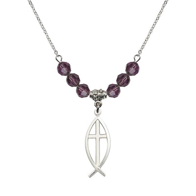 Fish Cross Crystal Birthstone Necklace with 18-inch Chain in Amethyst, Medal 1 inch tall by 3/8 inch wide, Bliss Manufacturing