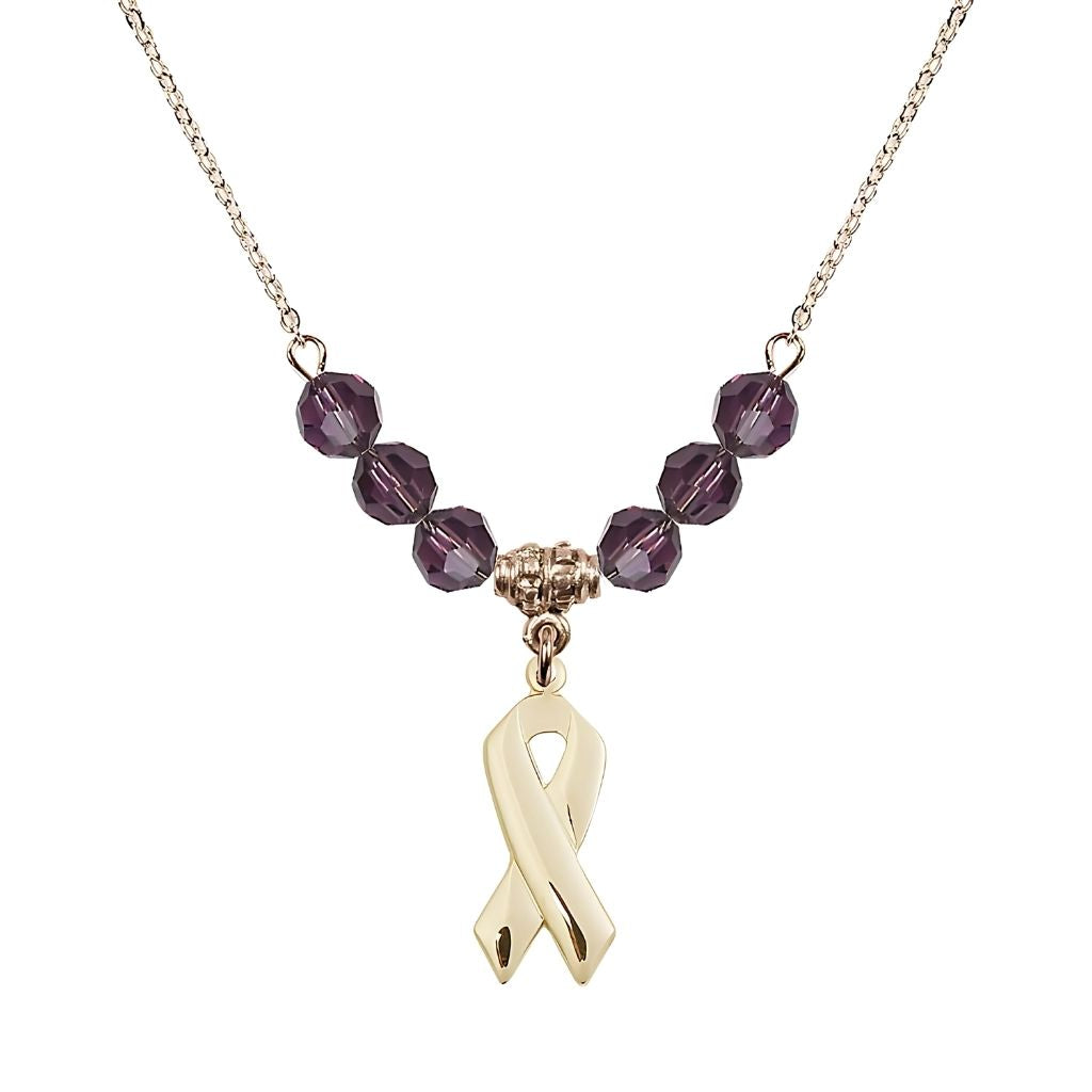 Bliss 14kt Gold-filled Cancer Awareness Ribbon Amethyst Birthstone Crystal Beaded Necklace, Charm Measures 7/8 inch tall by 3/8 inch wide