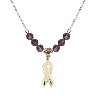 14kt Gold-filled Cancer Awareness Ribbon Amethyst Birthstone Crystal Beaded Necklace, Charm Measures 7/8 inch tall by 3/8 inch wide, Bliss Manufacturing