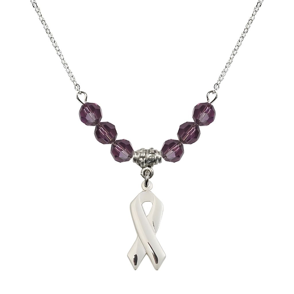 Bliss Sterling Silver Cancer Awareness Ribbon Amethyst Birthstone Crystal Beaded Necklace, Charm Measures 7/8 inch tall by 3/8 inch wide