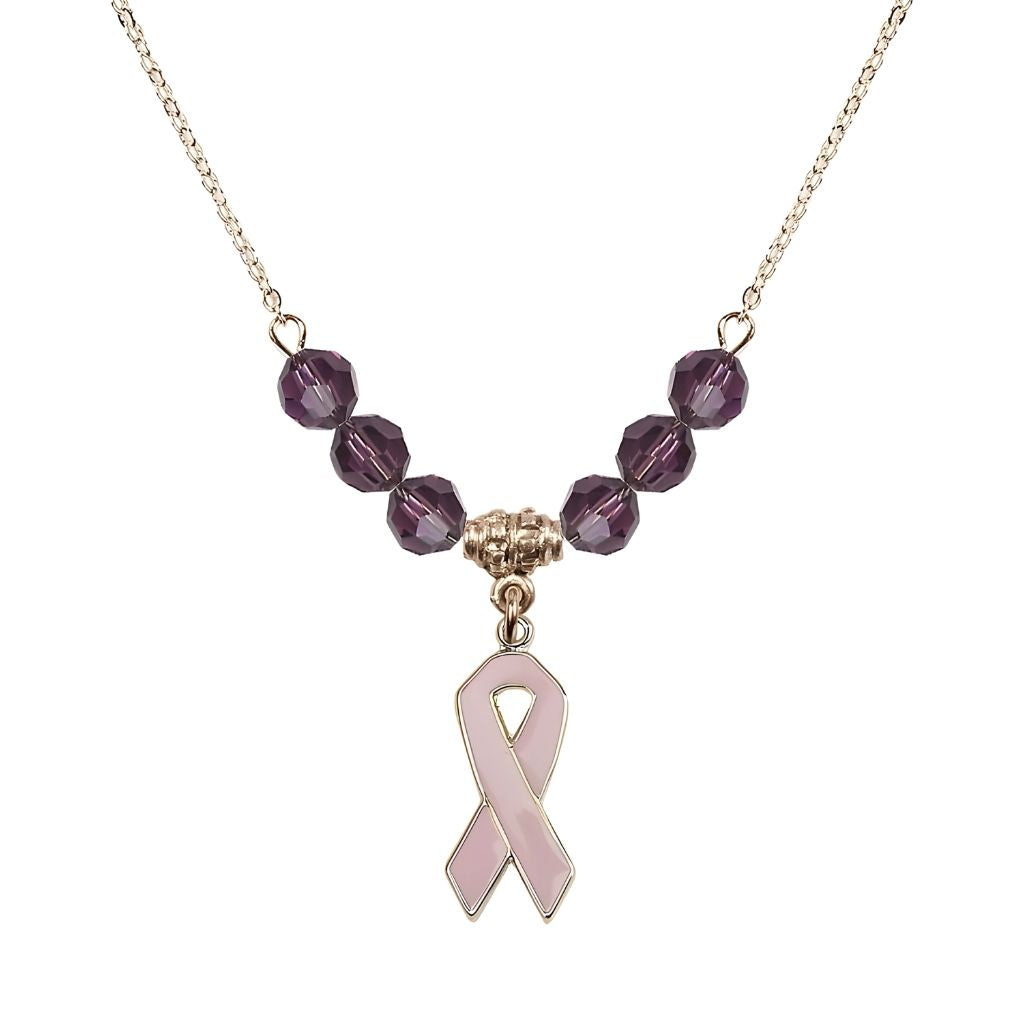 Bliss Gold-filled Breast Cancer Awareness Pink Ribbon Amethyst Crystal Beaded Necklace, Measures 7/8-inch tall by 1/4-inch wide