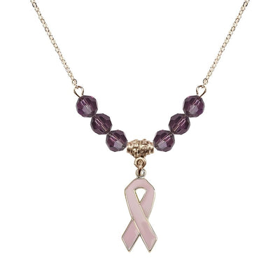 Gold-filled Breast Cancer Awareness Pink Ribbon Amethyst Crystal Beaded Necklace, Measures 7/8-inch tall by 1/4-inch wide, Bliss Manufacturing