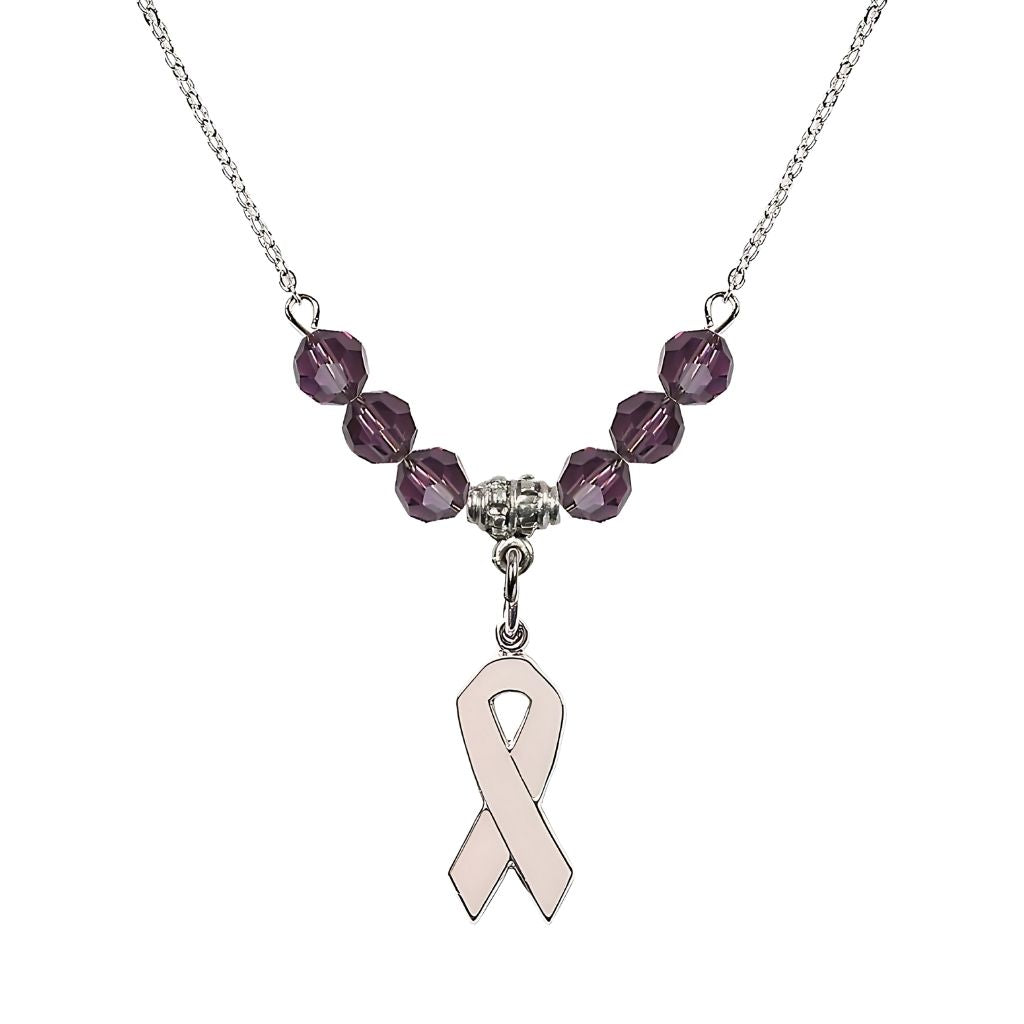 Bliss Sterling Silver Breast Cancer Awareness Pink Ribbon Amethyst Crystal Beaded Necklace, Measures 7/8-inch tall by 1/4-inch wide