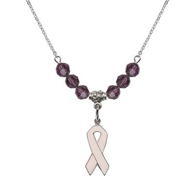 Sterling Silver Breast Cancer Awareness Pink Ribbon Amethyst Crystal Beaded Necklace, Measures 7/8-inch tall by 1/4-inch wide, Bliss Manufacturing
