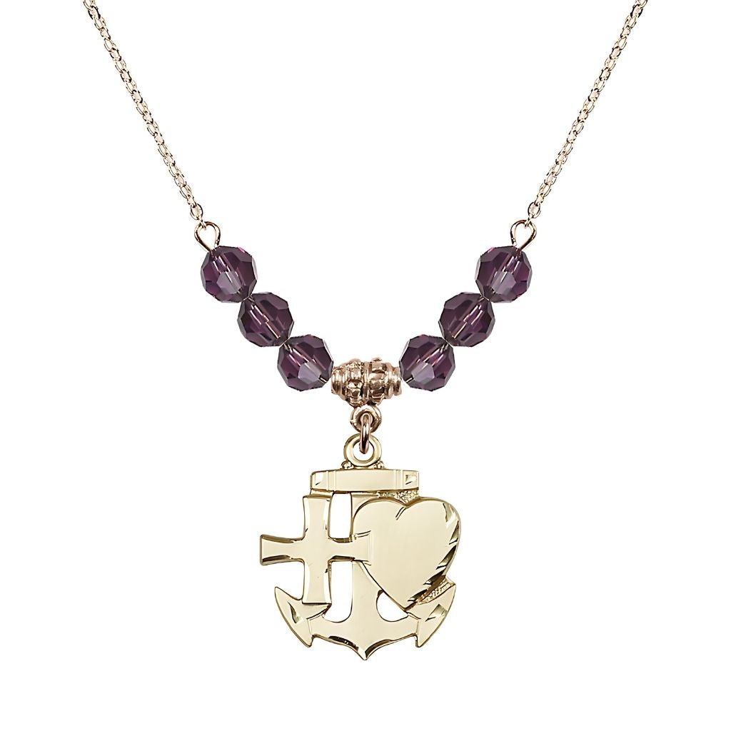 Bliss Christian Faith, Hope and Charity Gold-filled 6mm Amethyst Crystal Birthstone Necklace