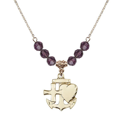 Christian Faith, Hope and Charity Gold-filled 6mm Amethyst Crystal Birthstone Necklace, Bliss Manufacturing