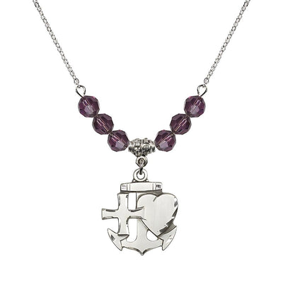 Christian Faith, Hope and Charity Sterling Silver 6mm Amethyst Crystal Birthstone Necklace, Medal Measures 7/8-inch tall by 3/4-inch wide, Bliss Manufacturing