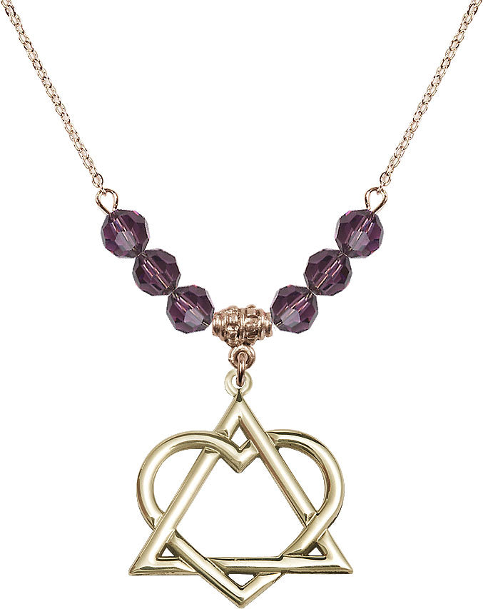 Hamilton Gold Plated Necklace with 6mm Amethyst Crystal Beads featuring a 14kt Gold Filled Adoption Heart,