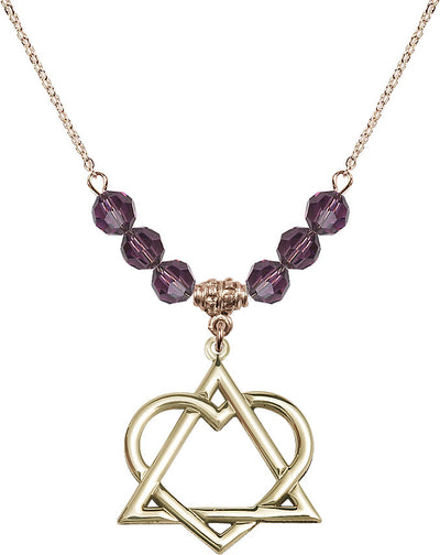 Hamilton Gold Plated Necklace with 6mm Amethyst Crystal Beads featuring a 14kt Gold Filled Adoption Heart, Bliss Manufacturing
