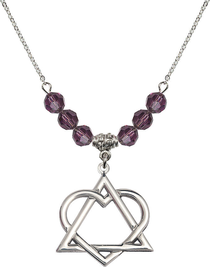 18" Rhodium Plated Necklace with 6mm Amethyst Crystal Beads featuring a Sterling Silver Adoption Heart Medal,