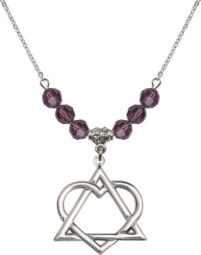 18" Rhodium Plated Necklace with 6mm Amethyst Crystal Beads featuring a Sterling Silver Adoption Heart Medal, Bliss Manufacturing
