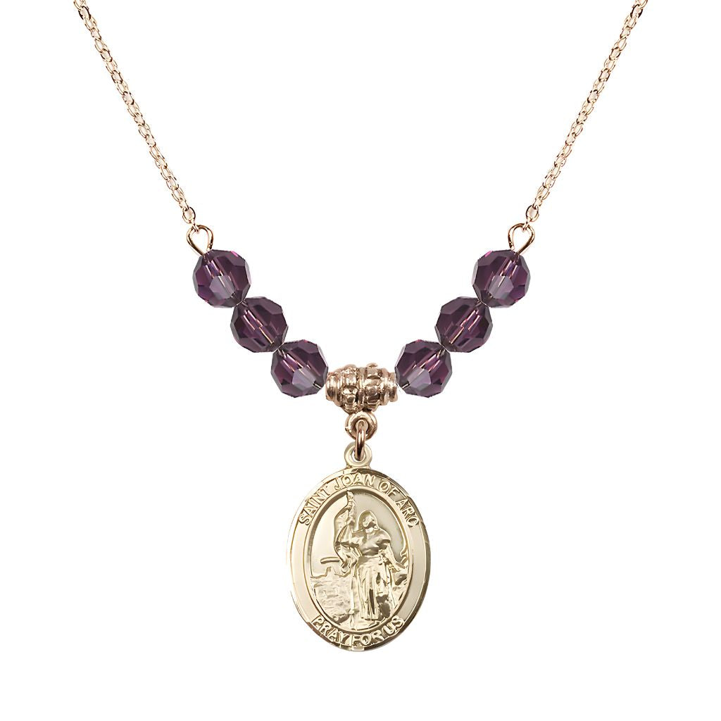 Bliss St. Joan of Arc Oval 14kt Gold-filled 6mm Amethyst Austrian Crystal Beaded Necklace, Measures 3/4 inch tall by 1/2-inch wide, Gift Box.