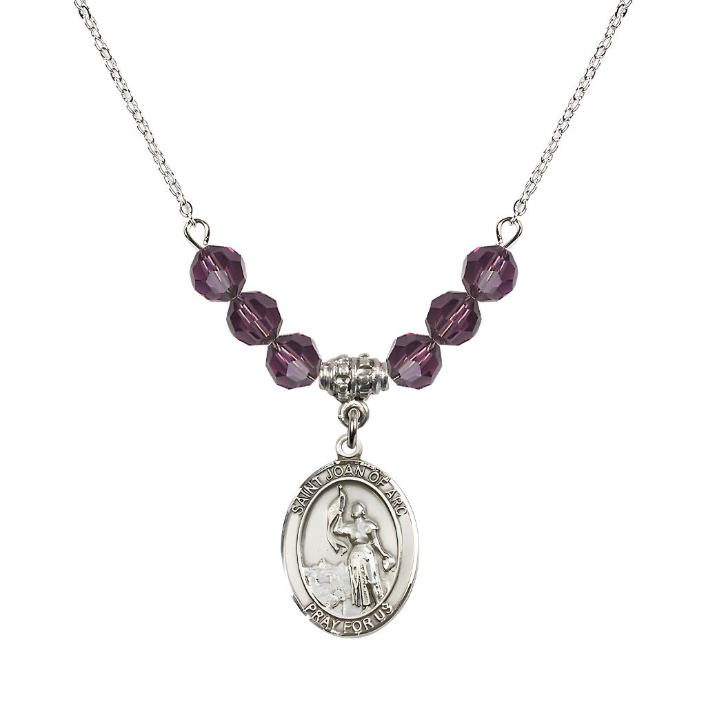 Bliss St. Joan of Arc Oval Sterling Silver 6mm Amethyst Austrian Crystal Beaded Necklace, Measures 3/4 inch tall by 1/2-inch wide, Gift Box.