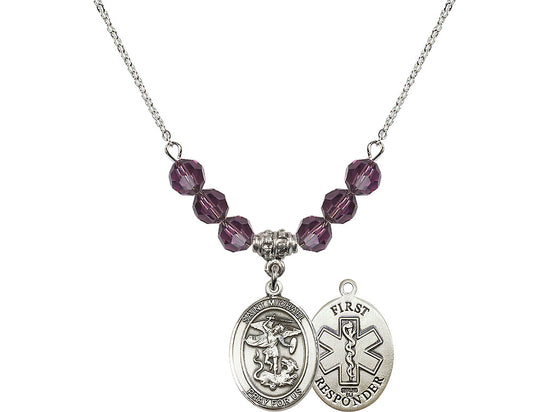 Bliss 1st Responder St Michael Sterling Silver Beaded Necklace in Amethyst,