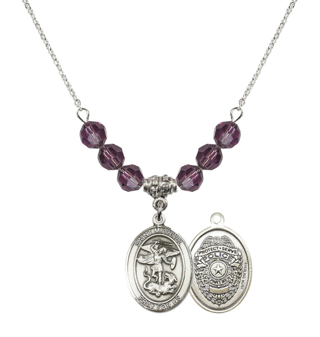 Bliss 18" Rhodium Plated Necklace with 6mm Amethyst Crystal Beads featuring a Sterling Silver St. Michael the Archangel/Policeman Medal,