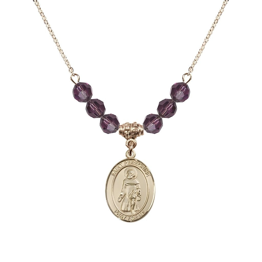 Bliss Our Lady of Fatima 14kt Gold-filled 6mm Amethyst Beaded Necklace, Measures 3/4 inch tall by 1/2-inch wide, Gift Box
