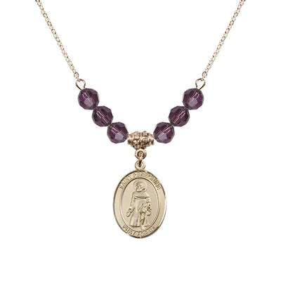 Our Lady of Fatima 14kt Gold-filled 6mm Amethyst Beaded Necklace, Measures 3/4 inch tall by 1/2-inch wide, Gift Box, Bliss Manufacturing