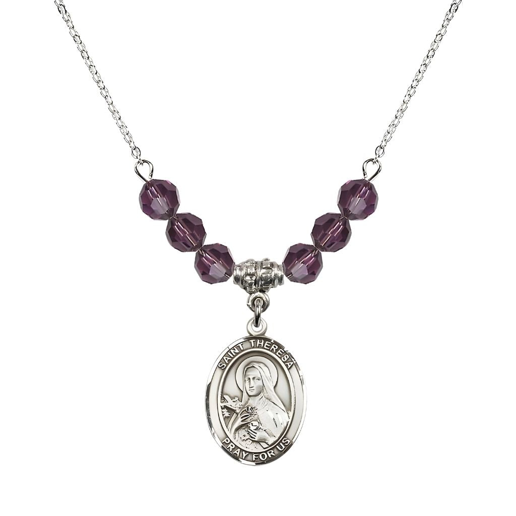 Bliss St. Theresa Sterling Silver Crystal Necklace, handcrafted in the USA, Birthstone 6mm Austrian Crystals in Amethyst