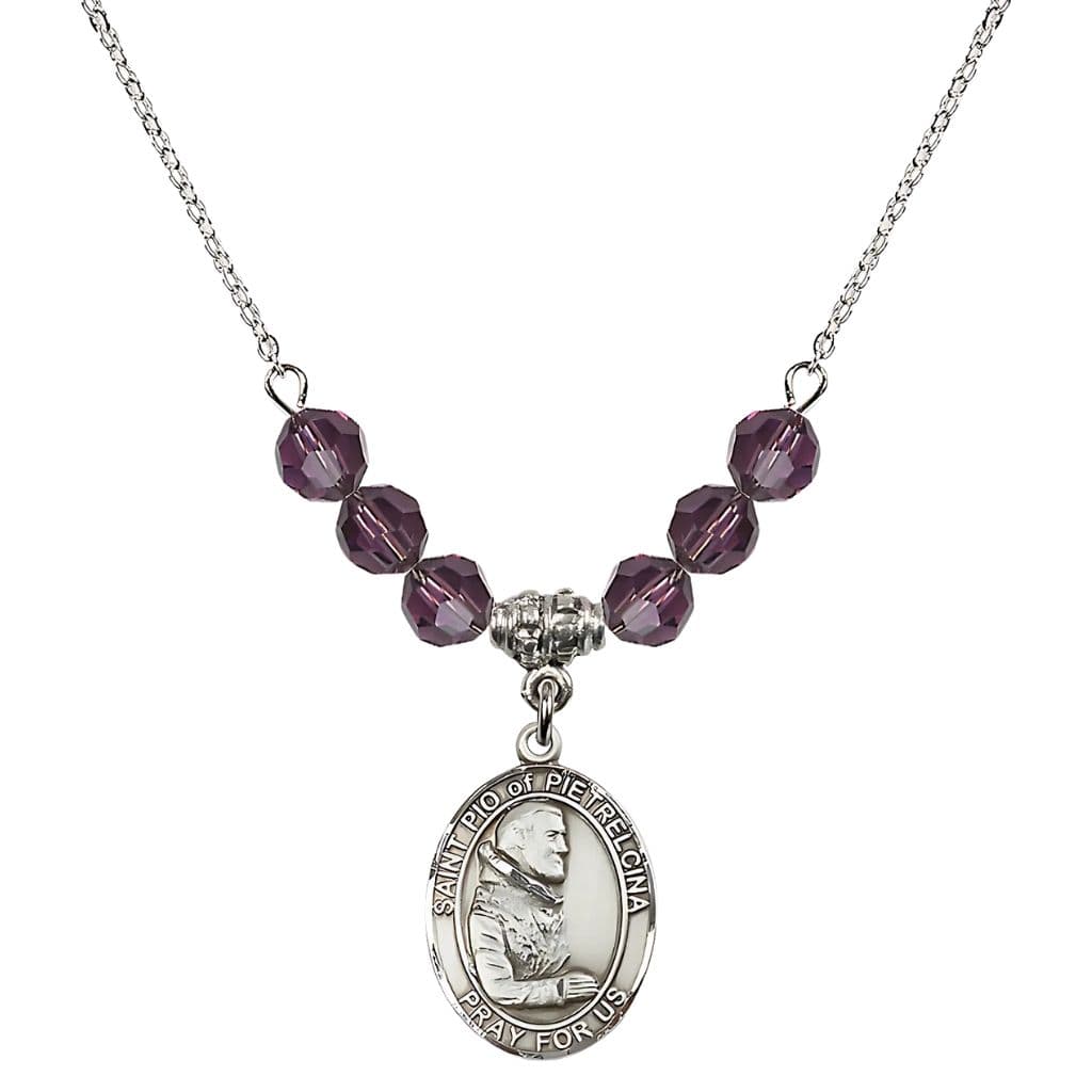 Bliss Sterling Silver St. Padre Pio of Pietrelcina Amethyst Crystal Birthstone Necklace