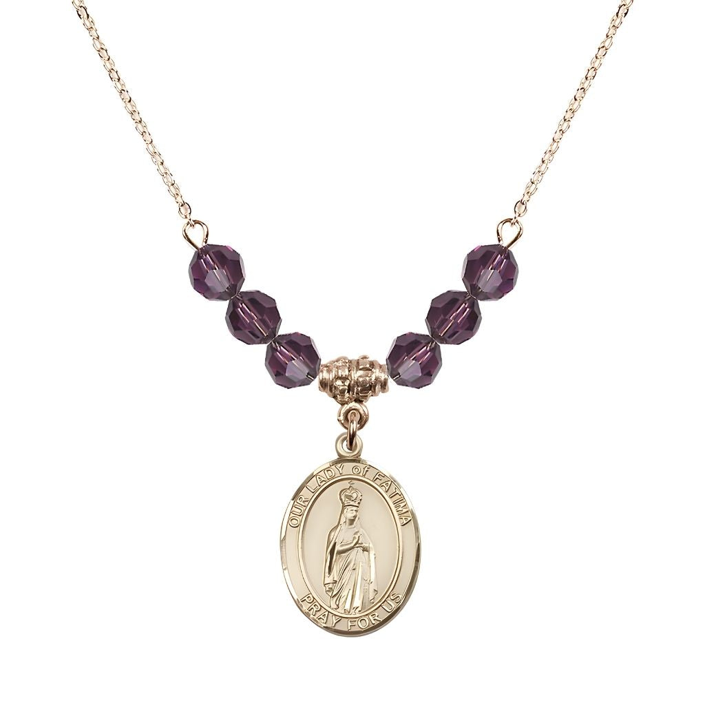 Bliss Our Lady of Fatima Gold-filled 6mm Amethyst Beaded Necklace, Measures 3/4 inch tall by 1/2-inch wide, Gift Box