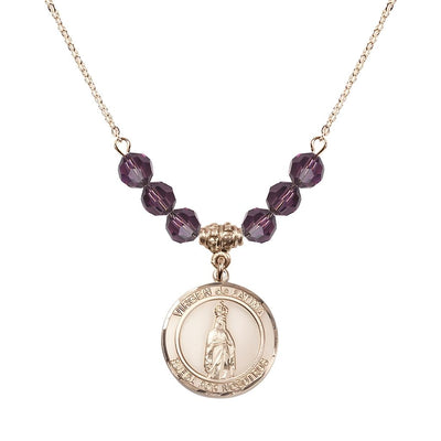 Virgen de Fatima Round 14kt Gold-filled 6mm Amethyst Beaded Necklace, Measures 3/4 inch tall by 1/2-inch wide, Gift Box, Bliss Manufacturing