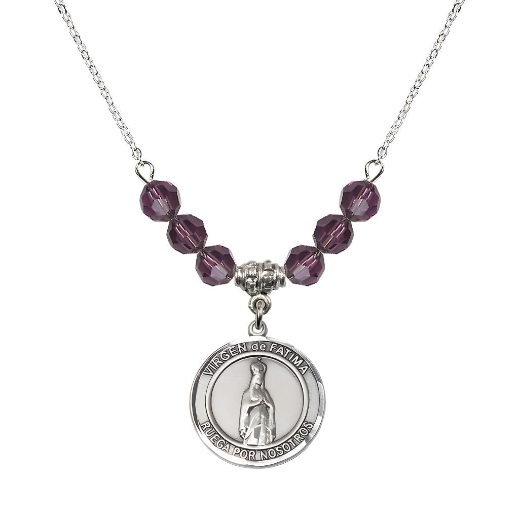 Bliss Virgen de Fatima Round Sterling Silver 6mm Amethyst Beaded Necklace, Measures 3/4 inch tall by 1/2-inch wide, Gift Box