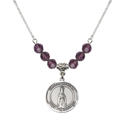 Virgen de Fatima Round Sterling Silver 6mm Amethyst Beaded Necklace, Measures 3/4 inch tall by 1/2-inch wide, Gift Box, Bliss Manufacturing