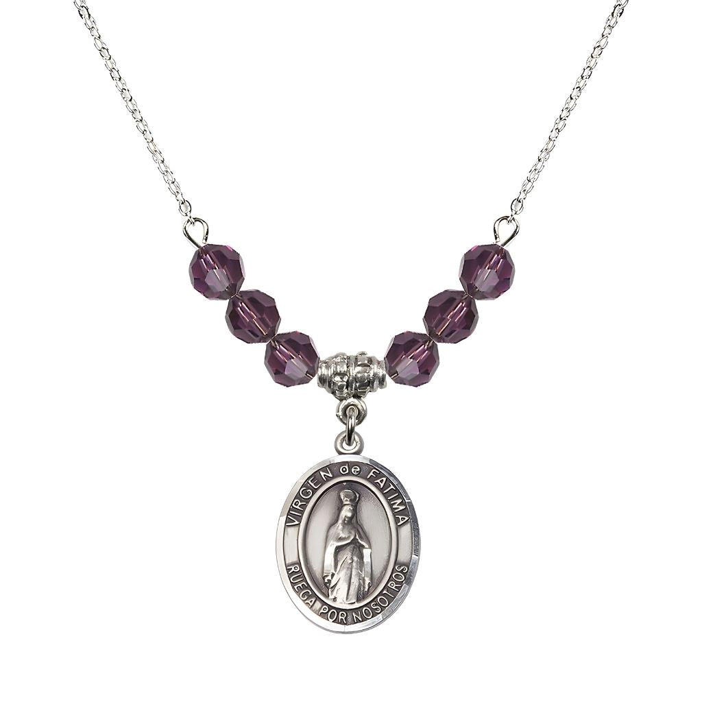 Bliss Virgen de Fatima Oval Sterling Silver 6mm Amethyst Beaded Necklace, Measures 3/4 inch tall by 1/2-inch wide, Gift Box
