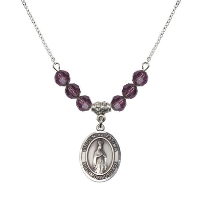 Virgen de Fatima Oval Sterling Silver 6mm Amethyst Beaded Necklace, Measures 3/4 inch tall by 1/2-inch wide, Gift Box, Bliss Manufacturing