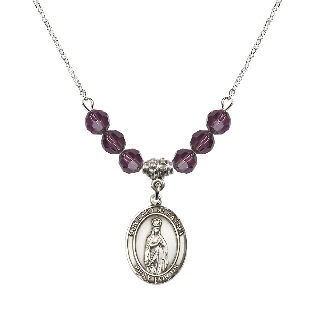 Bliss Our Lady of Fatima Sterling Silver 6mm Amethyst Beaded Necklace, Measures 3/4 inch tall by 1/2-inch wide, Gift Box