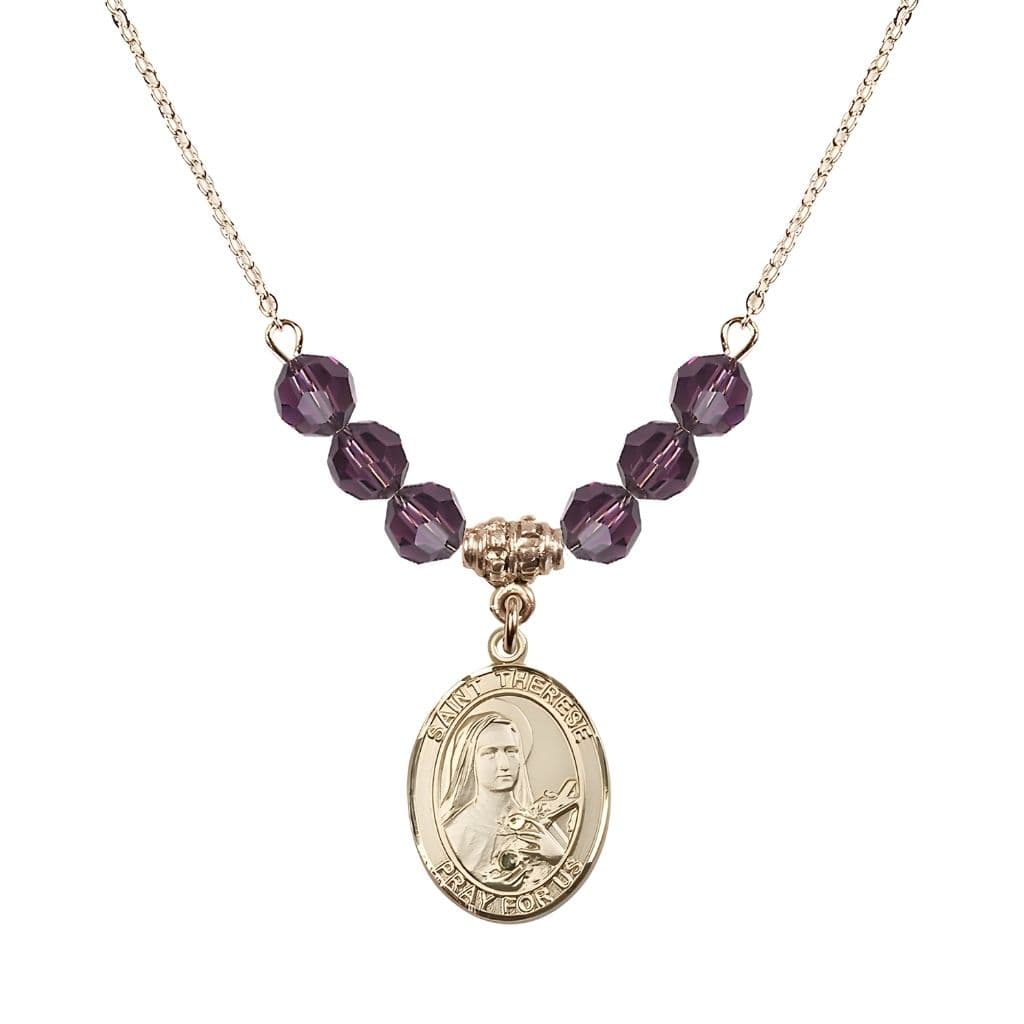 Bliss St. Therese of Lisieux Gold-filled Birthstone Necklace with 6mm Austrian crystal in amethyst beads