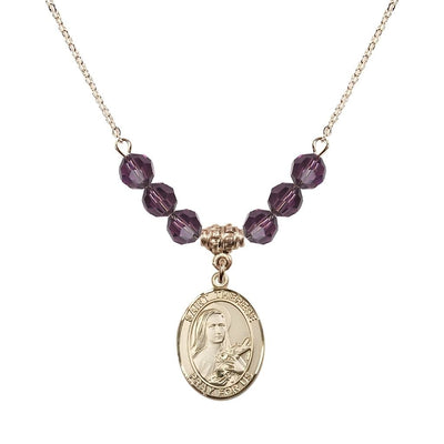 St. Therese of Lisieux Gold-filled Birthstone Necklace with 6mm Austrian crystal in amethyst beads, Bliss Manufacturing