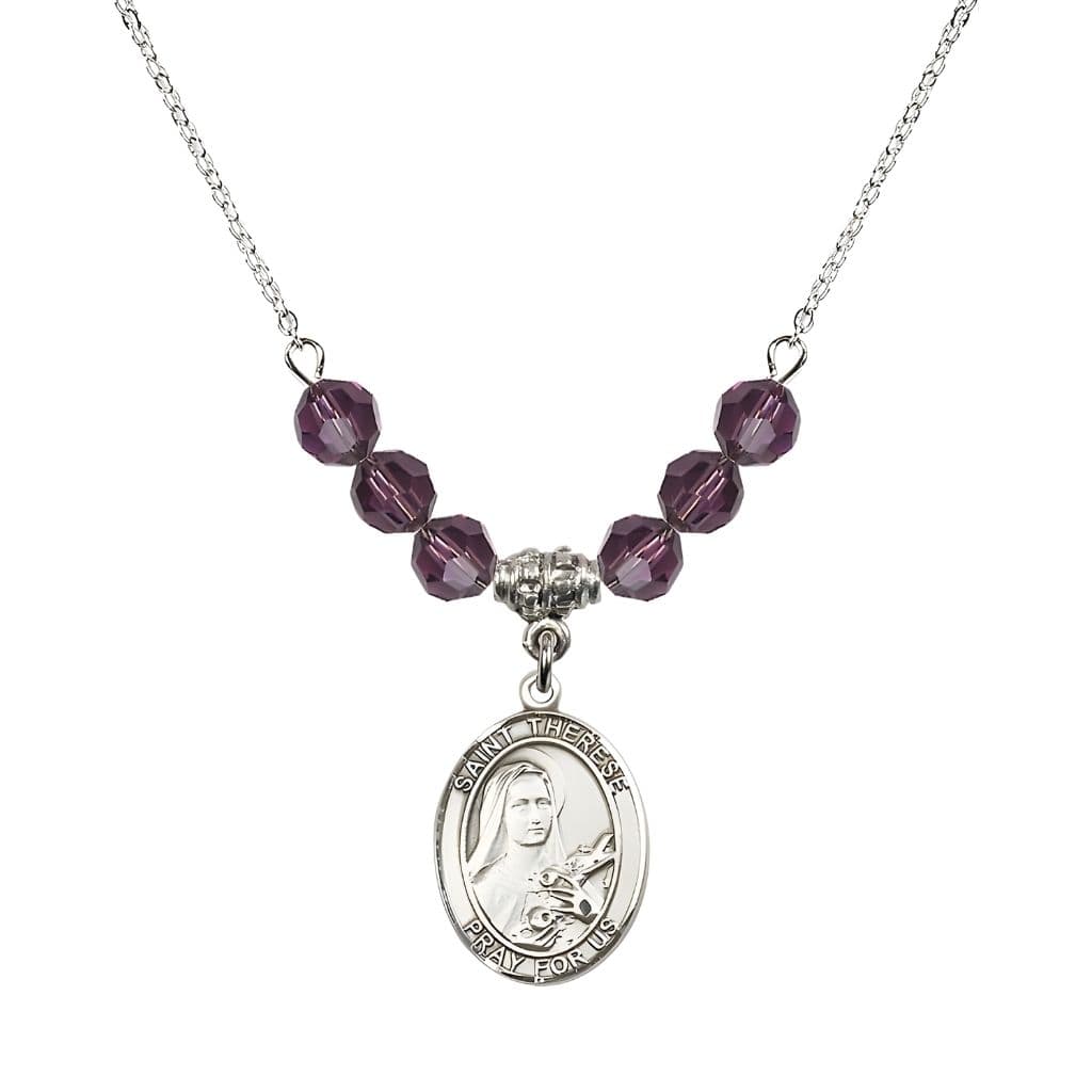 Bliss St. Therese of Lisieux Sterling Silver Medal and Birthstone 6mm Amethyst Crystal Necklace