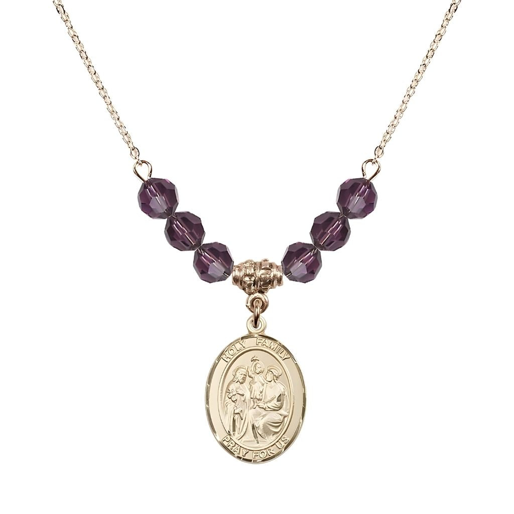 Bliss Holy Family Beaded Necklace with Gold-filled Medal, 6mm Austrian Crystal Amethyst Beads for February