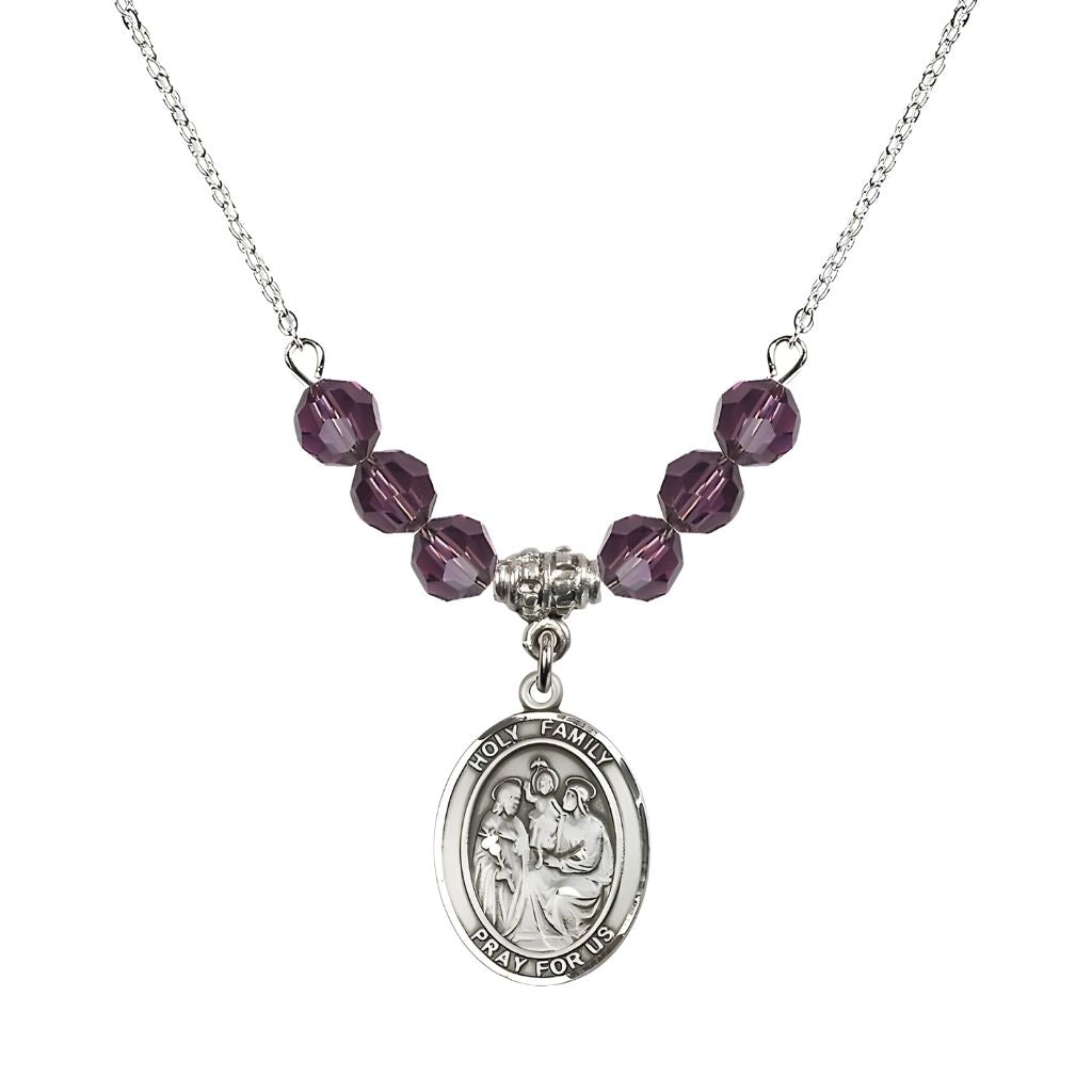 Bliss Holy Family Beaded Necklace with Sterling Silver Medal, 6mm Austrian Crystal Amethyst Beads for February
