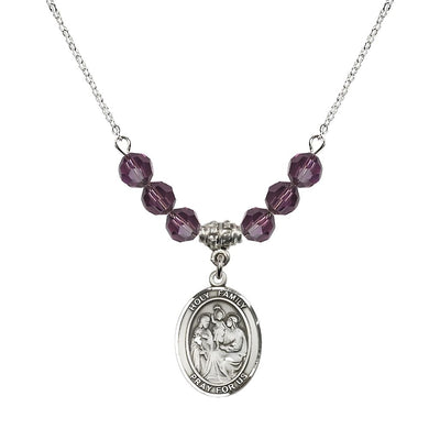 Holy Family Beaded Necklace with Sterling Silver Medal, 6mm Austrian Crystal Amethyst Beads for February, Bliss Manufacturing