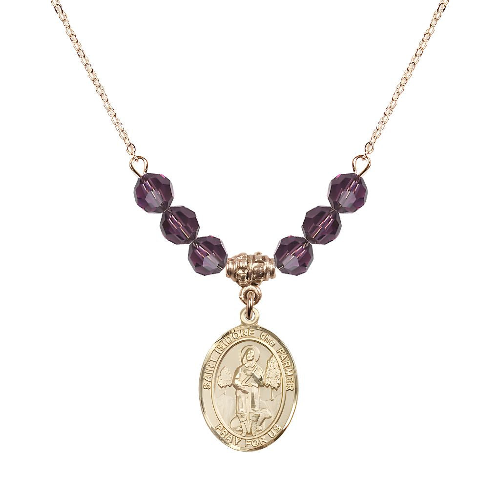 Bliss St. Isidore the Farmer Oval 14kt Gold-filled 6mm Amethyst Austrian Crystal Beaded Necklace, Measures 3/4 inch tall by 1/2-inch wide, Gift Box.