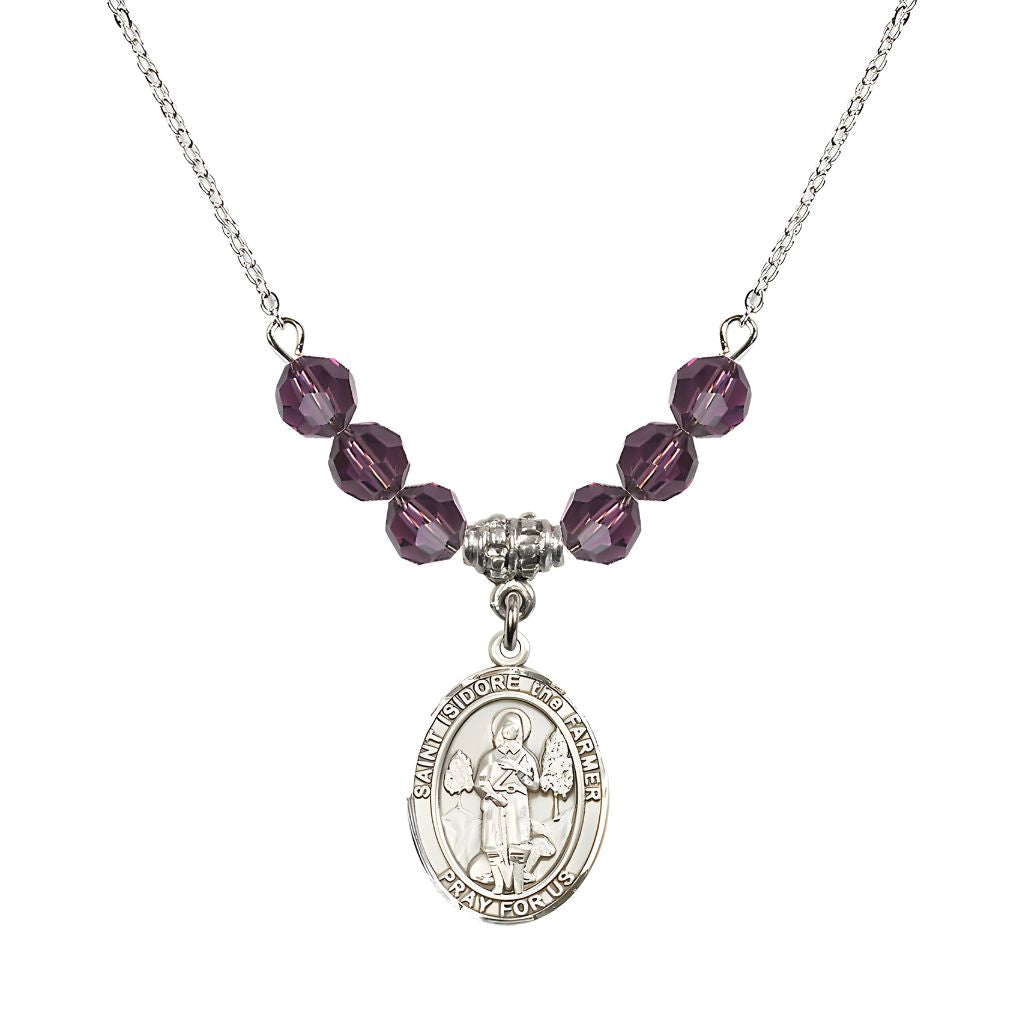 Bliss St. Isidore the Farmer Oval Sterling Silver 6mm Amethyst Austrian Crystal Beaded Necklace, Measures 3/4 inch tall by 1/2-inch wide, Gift Box.