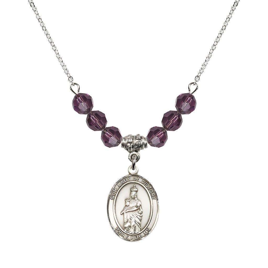 Bliss Our Lady of Victory Sterling Silver 6mm Amethyst Austrian Crystal Beaded Necklace with Plated Chain