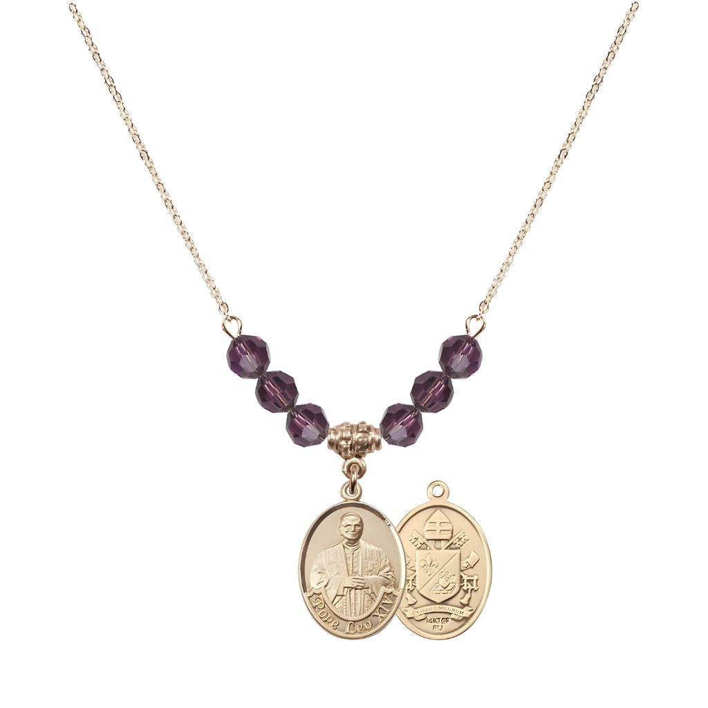 Bliss Pope Leo XIV Gold-filled Medal Beaded Necklace with Amethyst Crystal Beads.
