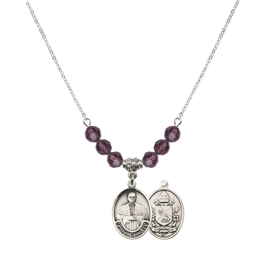 Bliss Pope Leo XIV Crystal Sterling Silver Medal Beaded Necklace with Amethyst Beads,