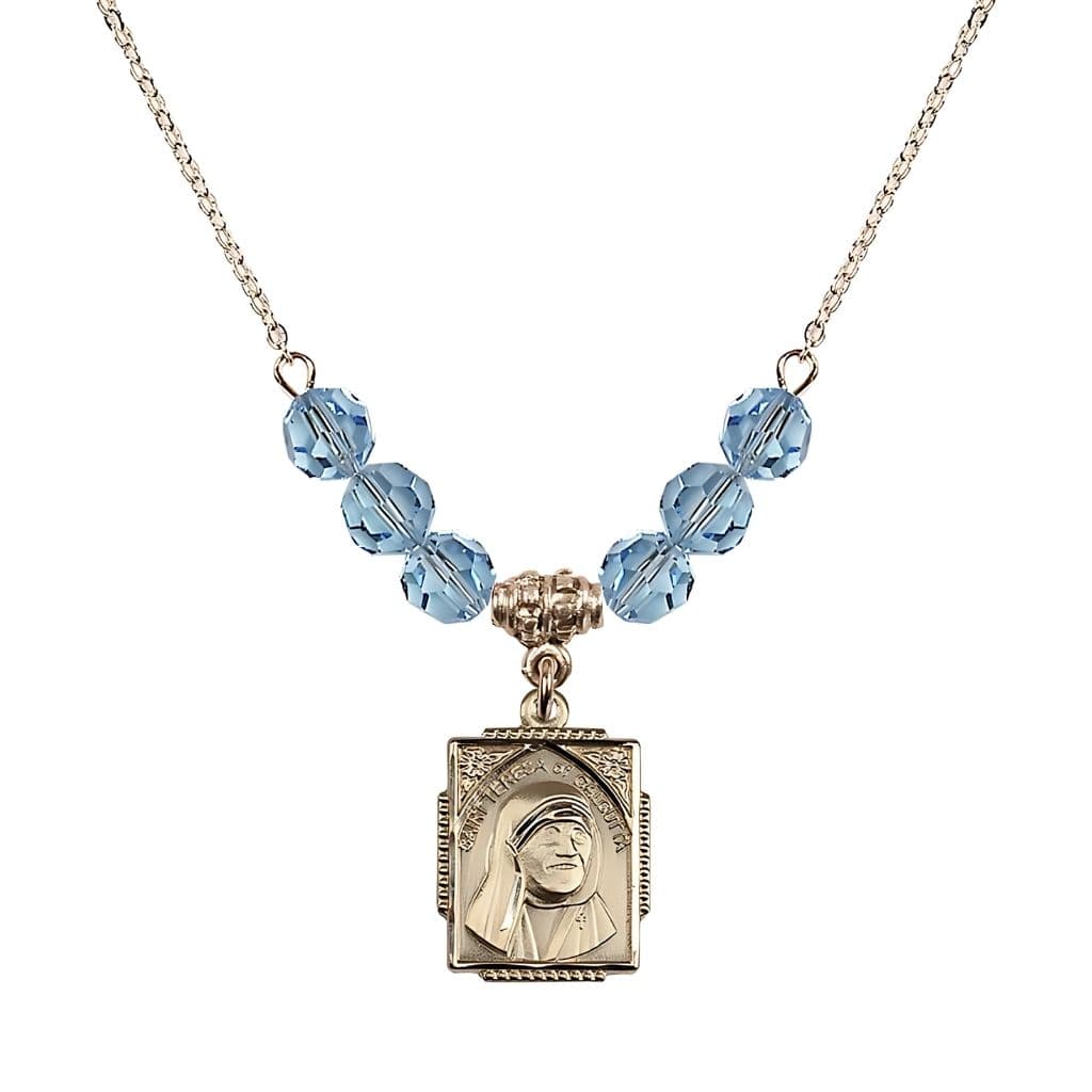 Bliss St. Teresa of Calcutta Square 14kt Gold-filled Aqua Crystal Birthstone Necklace,